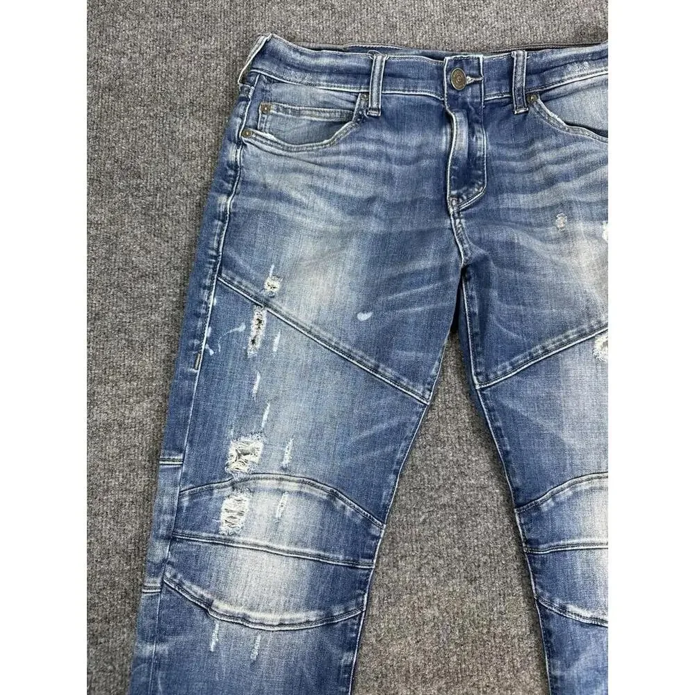 Mens TRUE RELIGION Geno Relaxed BIKER‎ Slim MOTO 30 x 31.5 Blue DISTRESSED Jeans